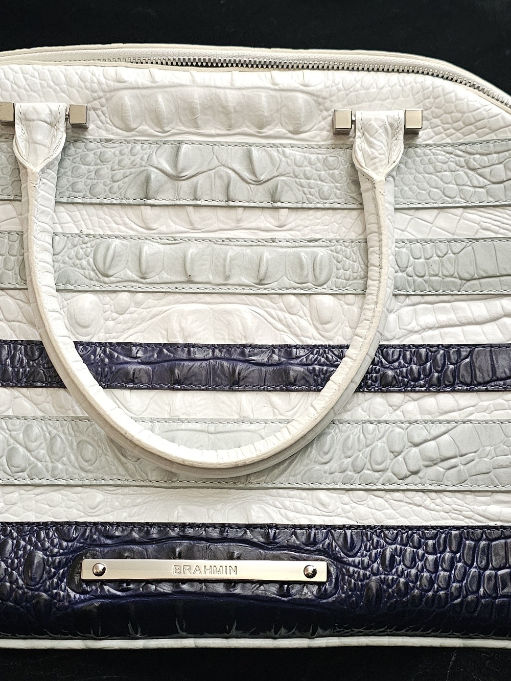 Brahmin White & Navy Croc-Embossed Leather Satchel